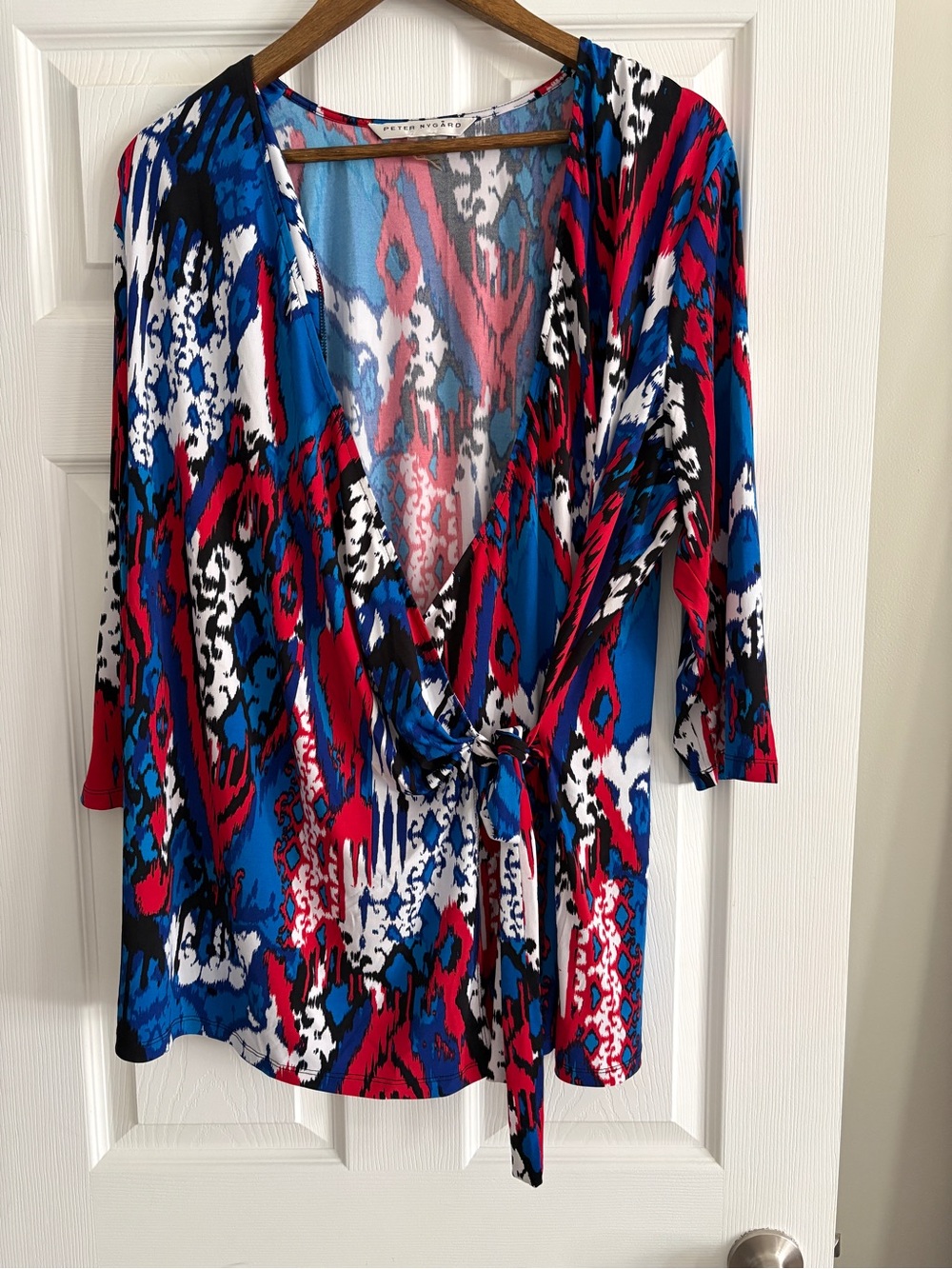 Peter Nygard Bold Blue, Red & White Wrap Blouse